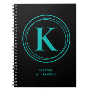 Trendy Turquoise Monogram Name Black Notitieboek