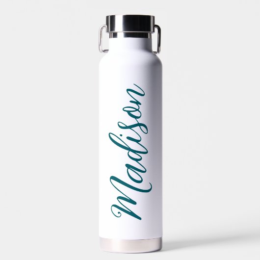 Trendy Turquoise Naam Handgeschreven Script Custom Waterfles (Voorkant)