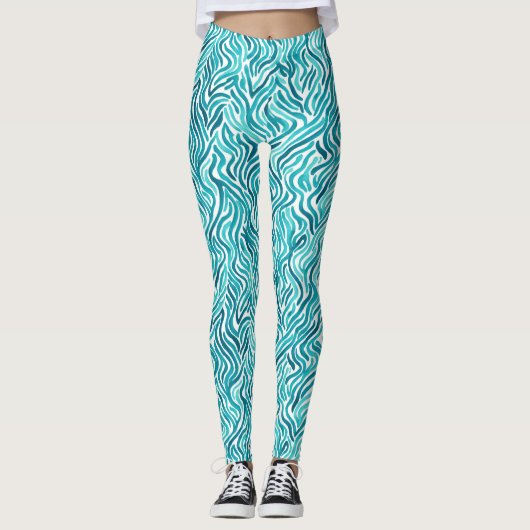 Trendy Turquoise Oceaan Golven Waterverf Patroon Leggings (Voorkant)