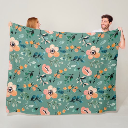 Trendy turquoise Wildbloemen Boho patroon schattig Fleece Deken (In situ)
