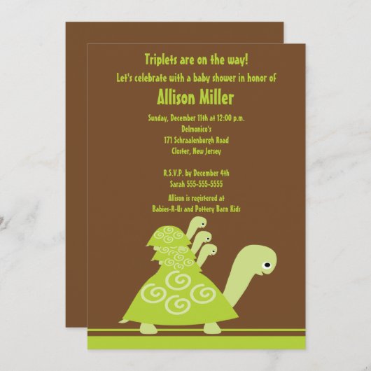 Trendy Turtle Triplets Baby shower Invitation Kaart (Voorkant / Achterkant)