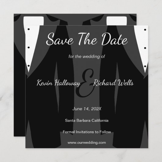Trendy Two Tuxedos Gay Wedding Save the Date (Voorkant / Achterkant)