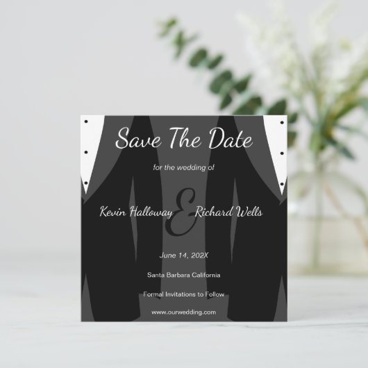 Trendy Two Tuxedos Gay Wedding Save the Date (Staand voorkant)