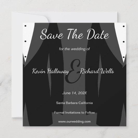 Trendy Two Tuxedos Gay Wedding Save the Date (Voorkant)