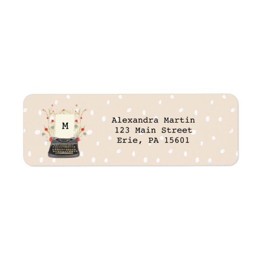 Trendy Typewriter en Flowers Monogram met Stippen Etiket (Voorkant)