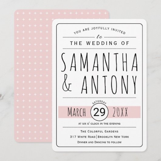 Trendy typografie blush roze trouwuitnodiging kaart (Voorkant / Achterkant)