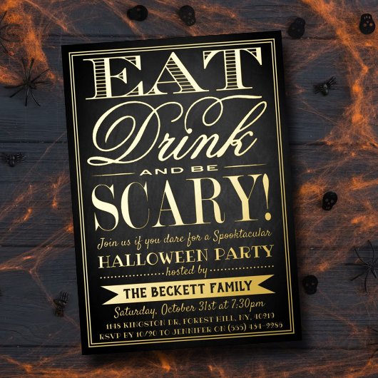 Trendy Typografie Eat, Drink & Wees eng Halloween Folie Uitnodiging