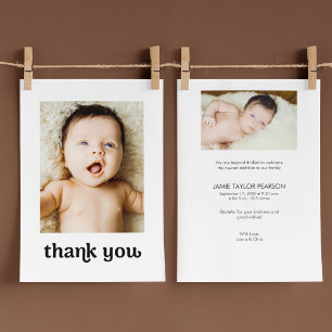 Trendy Typografie Eenvoudig Modern 2 Baby Foto's Bedankkaart