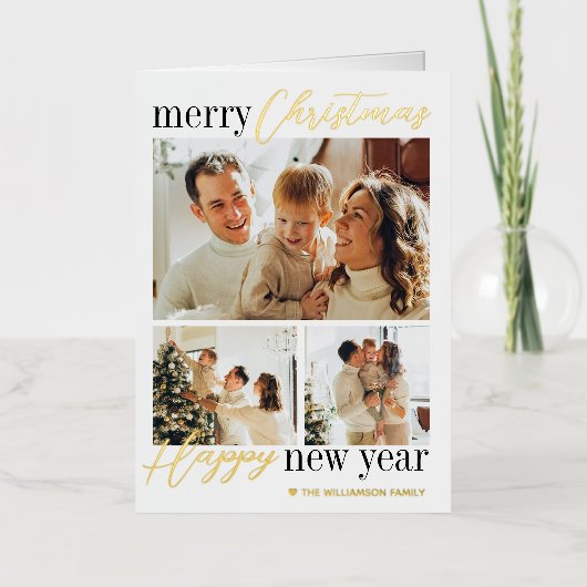 Trendy Typografie Merry Kerstmis 3 Foto Real Folie Feestdagenkaart (Voorkant)