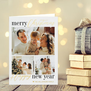 Trendy Typografie Merry Kerstmis 3 Foto Real Folie Feestdagenkaart