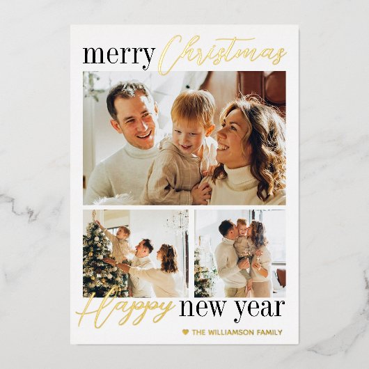 Trendy Typografie Merry Kerstmis 3 Foto Real Folie Feestdagenkaart (Voorkant)
