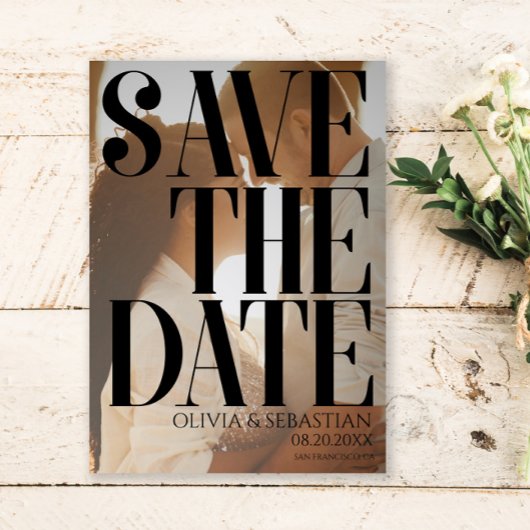 Trendy Typografie Overlay Tekst Foto Bruiloft Save The Date