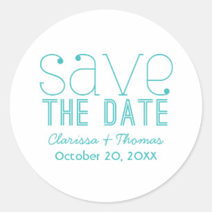 Trendy Typografie Save the Date Stickers, Aqua Ronde Sticker