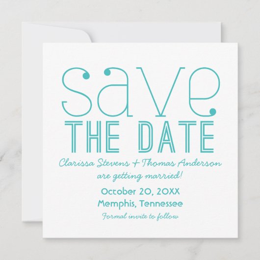 Trendy typografie Save the Date uitnodiging, Aqua Kaart (Voorkant)