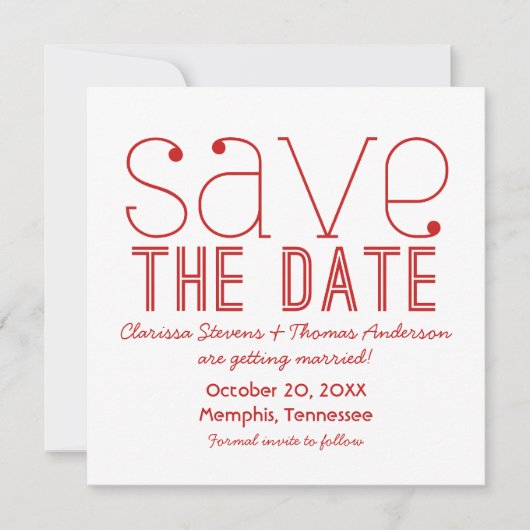 Trendy typografie Save the Date uitnodiging, Rood Kaart (Voorkant)