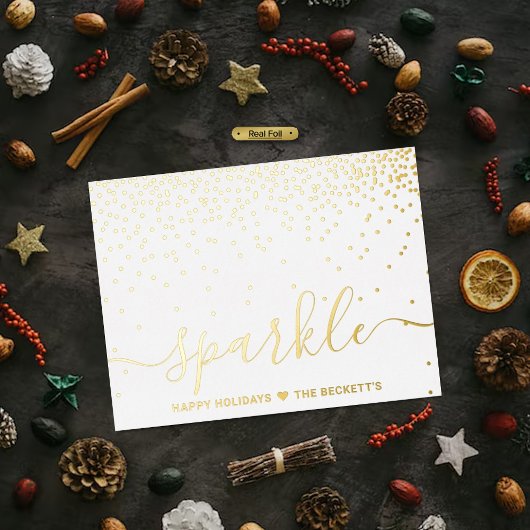 Trendy typografie "Sparkle" Kerst echt Folie Feestdagen Briefkaart