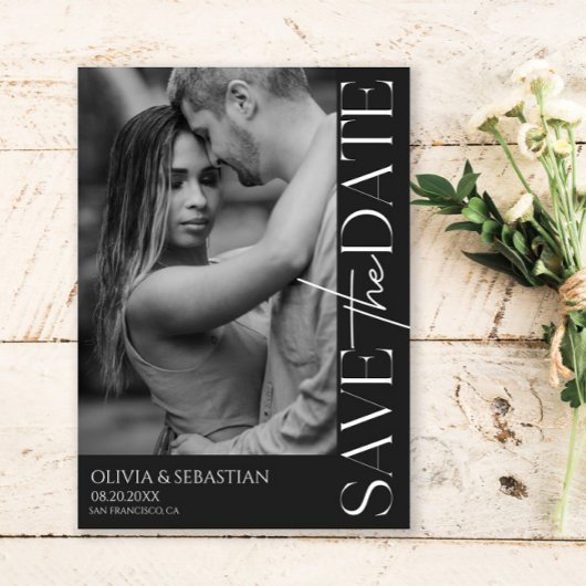 Trendy Typografie Tekst Foto Zwart Bruiloft Save The Date