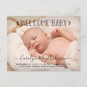 Trendy Typografie "Welcome Baby" Foto Aankondigingskaart