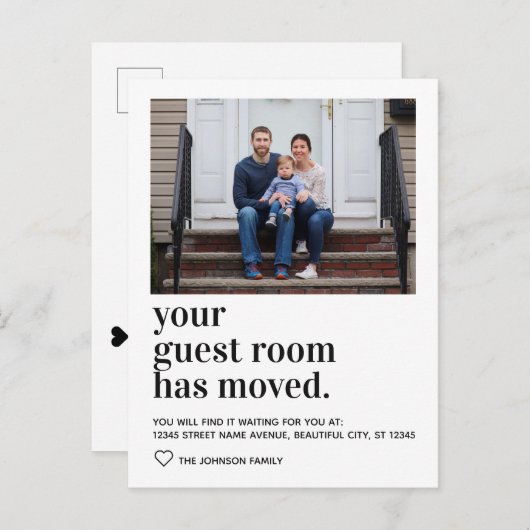 Trendy Typography Guest Room Moved Photo Moving Aankondigingskaart (Voorkant / Achterkant)
