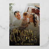 Trendy Typography Merry Kerstfoto Real Folie Feestdagenkaart (Voorkant)