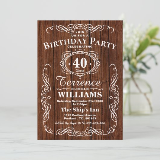Trendy Typography Rustic Wood Birthday Party Kaart (Staand voorkant)