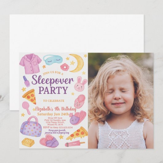 Trendy uitnodiging voor verjaardagslogeerpartij me (Voorkant / Achterkant)