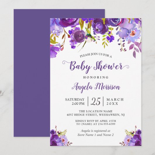 Trendy Ultra Violet Paars Floral Baby shower Kaart (Voorkant / Achterkant)