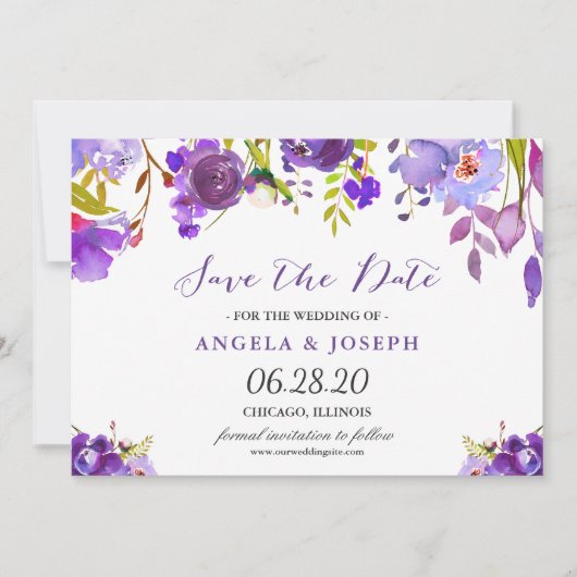 Trendy Ultra Violet Paarse Floral Save the Date (Voorkant)