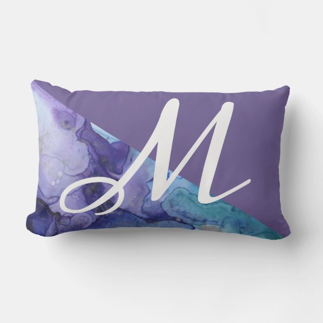 Trendy Ultra Violet Waterverf Turquoise Monogram Buitenkussen (Voorkant)