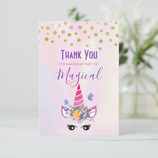 Trendy Unicorn met Flowers Butterflies en Confetti Bedankkaart (Staand voorkant)