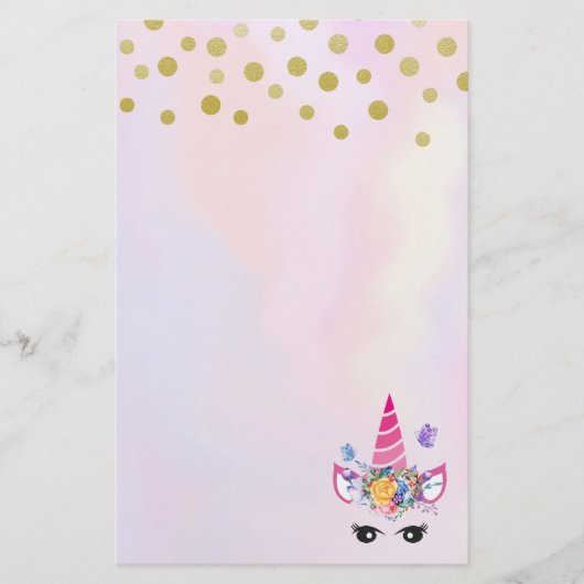 Trendy Unicorn met Flowers Butterflies en Confetti Briefpapier (Voorkant)