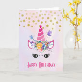 Trendy Unicorn met Flowers Butterflies en Confetti Kaart (Gele Bloem)
