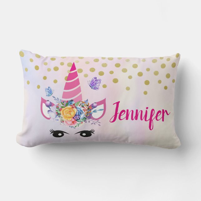 Trendy Unicorn met Flowers Butterflies en Confetti Kussen (Voorkant)