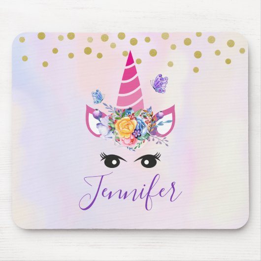 Trendy Unicorn met Flowers Butterflies en Confetti Muismat (Voorkant)