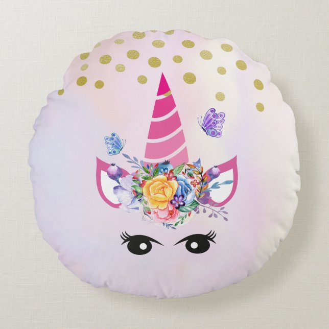 Trendy Unicorn met Flowers Butterflies en Confetti Rond Kussen (Voorkant)