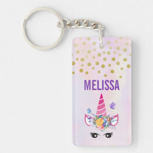 Trendy Unicorn met Flowers Butterflies en Confetti Sleutelhanger