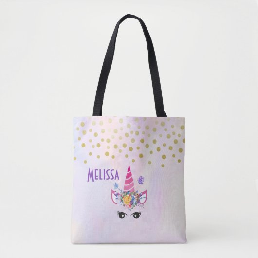 Trendy Unicorn met Flowers Butterflies en Confetti Tote Bag (Voorkant)