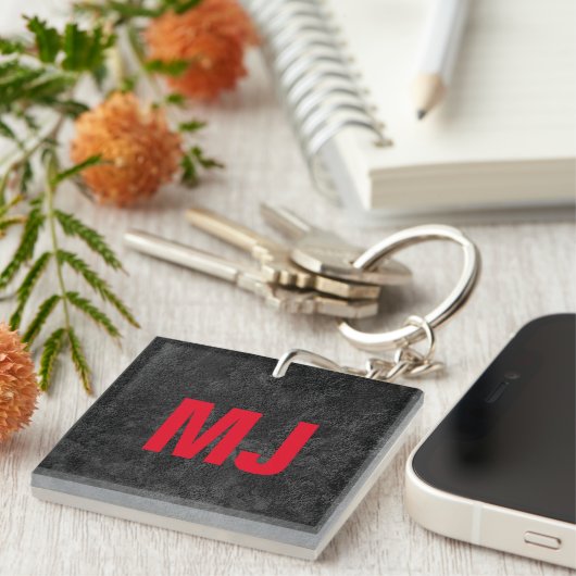 Trendy unieke grijs rood monogram naam initialen sleutelhanger (Voorkant Rechts)