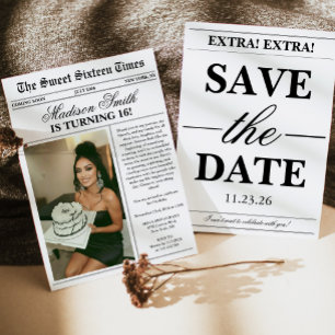 Trendy Unieke Krantenfoto Sweet 16 Kaart