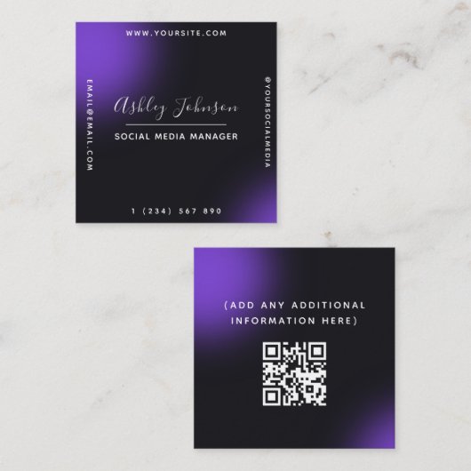 Trendy & Unieke Zwarte Paarse QR Code Social Media Vierkante Visitekaartje (Voorkant / Achterkant)