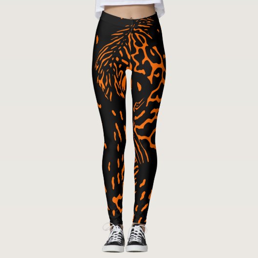 Trendy Unique Tiger Oranje Animal Print Pattern Leggings (Voorkant)