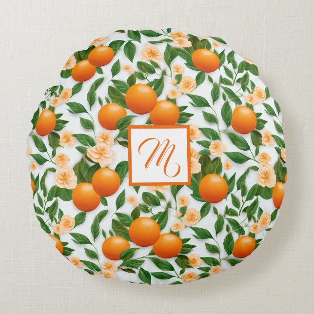 Trendy Valencia Sinaasappel Monogrammed Rond Kussen (Voorkant)