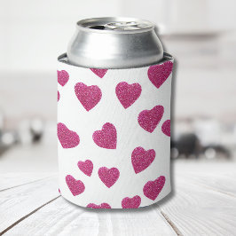 Trendy Valentijn Roze Glitter Harten op Wit Blikjeskoeler