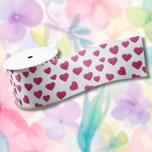 Trendy Valentijn Roze Glitters Harten op Wit Satijnen Lint