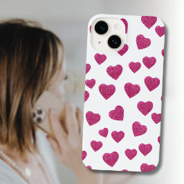 Trendy Valentine Pink Glitter Hearts on White iPhone 14 Hoesje