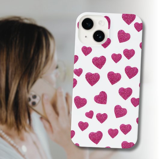 Trendy Valentine Pink Glitter Hearts on White iPhone Hoesje