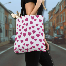 Trendy Valentine Pink Glitter Hearts on White Tote Bag