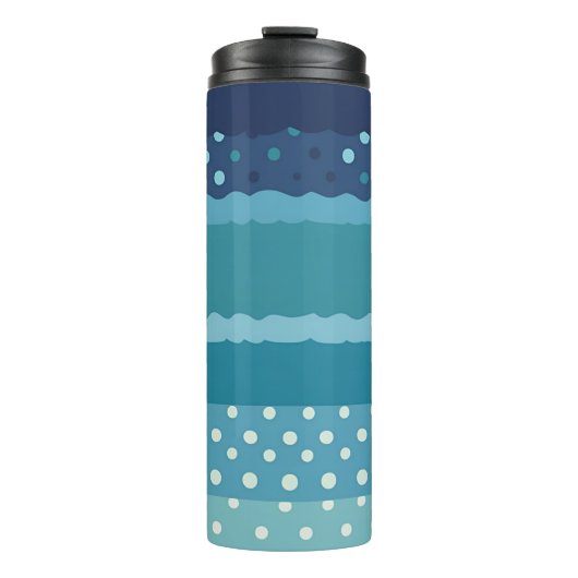 Trendy Verticale Blauwe Gestreepte en Stippen Thermosbeker (Voorkant)