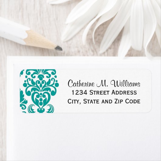 Trendy Victoriaans Aqua Blue Lace Damask Etiket (Insitu)