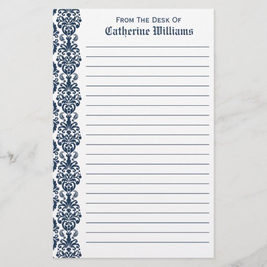 Trendy Victoriaans Navy Blue Lace Damask Side Bord Briefpapier (Voorkant)